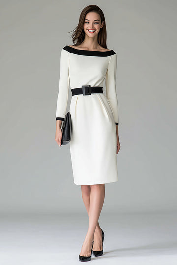 Black White Off the Shouder Sheath Midi Work Dress